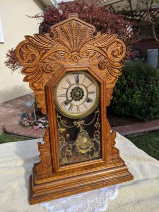Antique Waterbury Co.  Mantle Clock With Alarm & Key & Functioning
