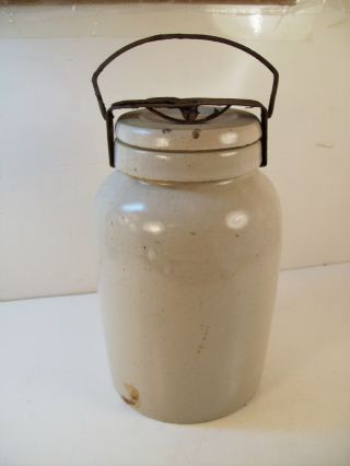 Antique Stoneware Canning Jar W/lid Wire Latch 1 Qt Quart Jug Crock