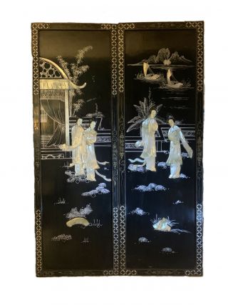 2 Vintage Asian Black Lacquer Mother Of Pearl Wall Panels Art Asian Geisha Women