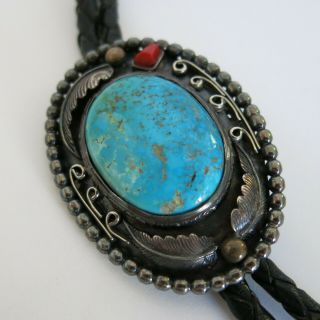 Vintage Sterling Silver Bolo Tie With Blue Turquoise & Coral Southwest [6138]