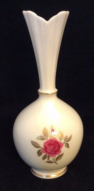 Lenox Rhodora Rose Bud 8” Vase With Gold Trim Usa