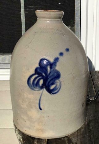 Antique 1 Gal Fb Norton & Co Worcester Mass Cobalt Floral Flower Stoneware Jug