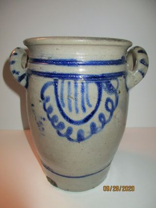 Antique Stoneware Salt/glazed 3/4 Gal Crock Cobalt/blue Painted Design 2 Handles