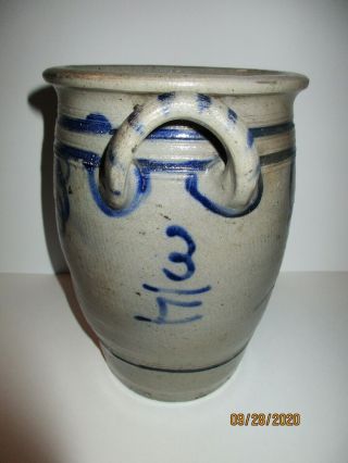 Antique Stoneware Salt/Glazed 3/4 gal Crock Cobalt/Blue Painted Design 2 Handles 2