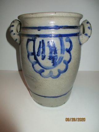 Antique Stoneware Salt/Glazed 3/4 gal Crock Cobalt/Blue Painted Design 2 Handles 3