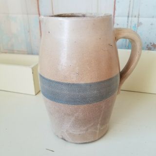 Vintage Stoneware Pitcher Pottery Jug With Blue Stripe Primitive Cottage Core 2