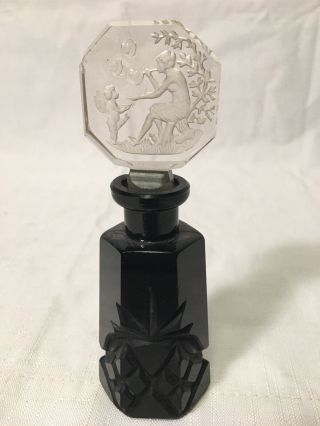 Vintage Antique Czech Crystal Black Glass Perfume Bottle W/ Etched Stopper 5.  5”