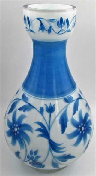 Antique Opaque Cased White Glass Baluster Form Vase Blue Enamel Floral Motif