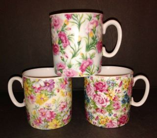 3 Vintage Ceramic Porcelain Coffee Cups Mugs Floral Japan Retro Set Mid Century