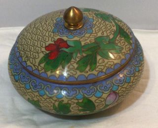 Vtg Chinese Blue Floral Metal Cloisonne Lidded Trinket Box Jar Bowl Cover Dish