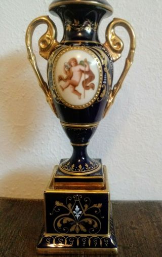 Antique Austria Hand Painted Porcelain Vase Cobalt Blue Cherub Gold 7 10/16 "