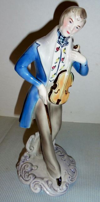 Goldscheider Man Figurine,  Violin,  Blue,  Grey,  Yellow 9 " Tall Vintage