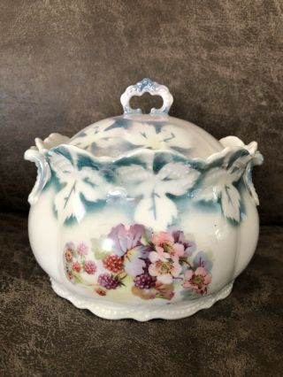 Vintage Leuchtenburg Germany Biscuit Jar W/lid Berries & Flowers