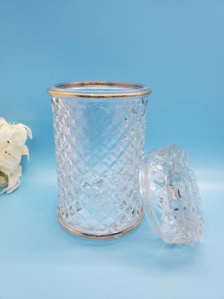 Vintage Avon Clear Diamond Cut Glass Jar Container With Lid And Gold Trim 5.  5 "