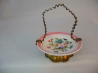 Antique Victorian Miniature Porcelain Plate/bowl/brides Basket & Gilt Stand