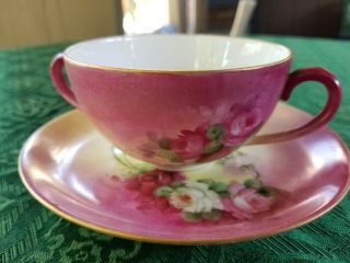 Fancy Bouillon Germany Hand Painted Roses On Tea Cup And Saucer