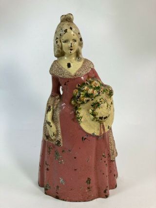 Large Antique Cast Iron Doorstop Southern Belle Lady With Hat