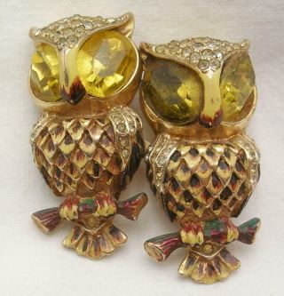 Vintage Duette Coro Craft Sterling Silver Enamel Rhinestone Owl Brooch Pin