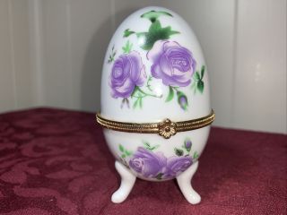 Vintage Porcelain Footed Egg Shaped Trinket Box With Hinged Lid 3 3/4 " Tall