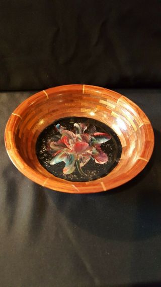 Vintage Inlaid Wooden Bowl With Hand Painting