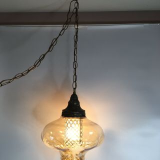 Vintage Mcm Hollywood Regency Amber Glass Roses Hanging Swag Light Lamp 1 Bulb
