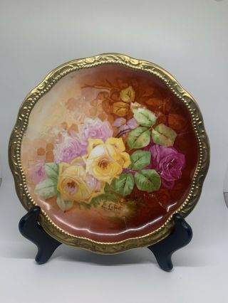 Antique Porcelain Cabinet Plate Hand Painted Flowers Beaded Gold Trimmed 8 1/2”