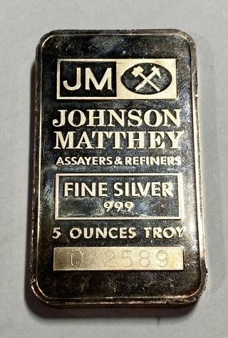 Johnson Matthey Jm Vintage 5 Troy Ounce.  999 Fine Silver Bar Serial 042589