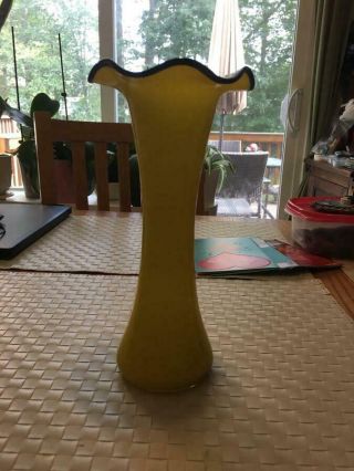 Antique Two - Toned Yellow On White Glass Vase With Black Fluted Edge