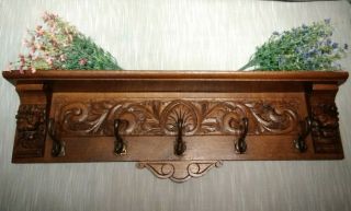 Antique French Carved Coat Hat Wall Rack Kitchen Lion Bronze Hooks