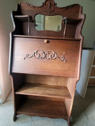 Vintage Antique Oak Slant Drop Front Secretary Desk Bookcase W/ Mirror