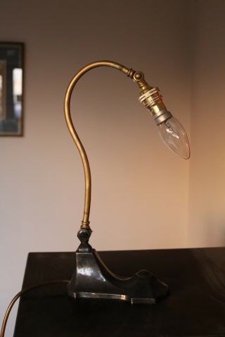 Antique Brass Swan Neck Desk Lamp Cast Metal Base Vgc Adjustable 1900s
