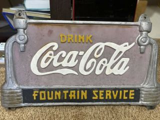 Vintage 1930s " Drink Coca Cola Fountain Service " Cast Iron Bench Plaque Sign