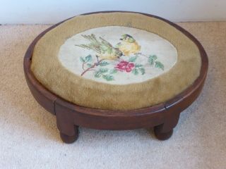 Antique Wooden Oval Foot Stool With Wool Work Upholstered Top.