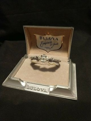 Vintage Bulova Empress 21 Jewels Ladies Watch 14k Gold Diamond Set W/box