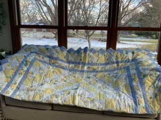 Vintage Hand Stitched Blue And Yellow Patchwork Quilt With Saw Tooth Edges