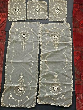 5 Fine Antique French Normandy Tambour Embroidery Net Lace Panel Made In Austria