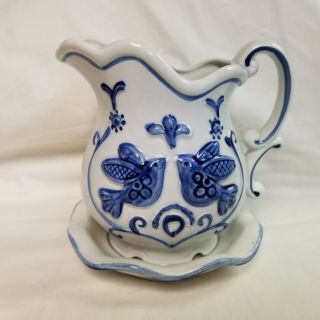 Vintage Rubens Art Pottery Pitcher And Bowl Planter White & Blue Japan