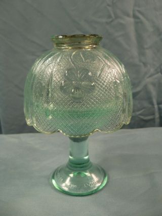 Green Glass 2 Piece Fairy Lamp Tea Light W/ Floral Design - Made In Taiwan