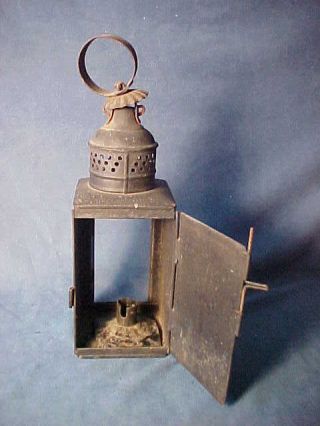 19th Century Punched Tin Class Window Candle Lantern Loop Handle Old Finish