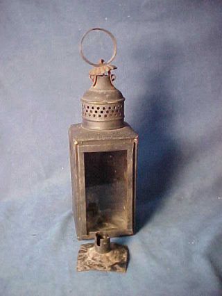 19TH CENTURY PUNCHED TIN CLASS WINDOW CANDLE LANTERN LOOP HANDLE OLD FINISH 2