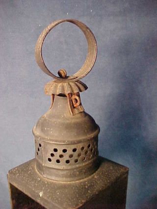 19TH CENTURY PUNCHED TIN CLASS WINDOW CANDLE LANTERN LOOP HANDLE OLD FINISH 3