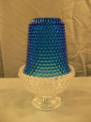 Brooke Blue Glass Hobnail 2 Piece Courting Fairy Lamp Tea Light W/ Clear Base