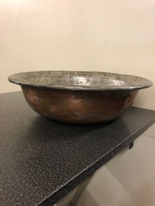 Antique Primitive 12” Hand Hammered Tinned Copper Basin Bowl