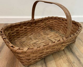 Antique Vintage Early Primitive Wooden Splint Gathering Basket Large Wood Decor