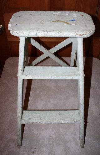 Vtg Wood Step Stool Ladder Chippy Paint Plant Stand Farmhouse 2