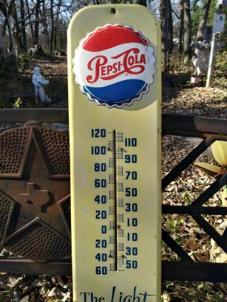 Vintage 1950s Pepsi Cola Advertising Sign Thermometer Embossed Bottle Cap
