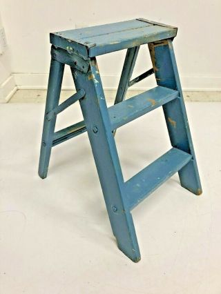 Vintage Wood Ladder Blue Two Step Display Shelf Folding Wooden Old Shabby Rustic