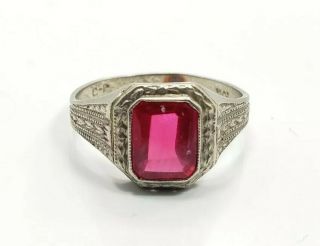 Vintage Art Deco 10k White Gold Red Glass Ring Size 8
