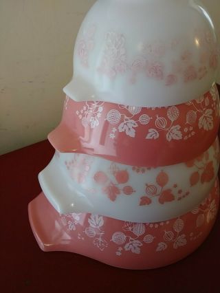 4 Vintage Pyrex White,  Pink Gooseberry Cinderella Mixing Bowls,  Full Nesting Set