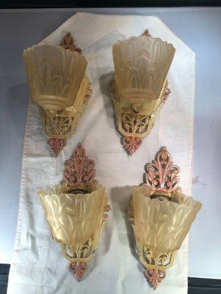 4 Art Deco Vintage Painted Cast Iron Wall Sconces With Glass Slip Shade
